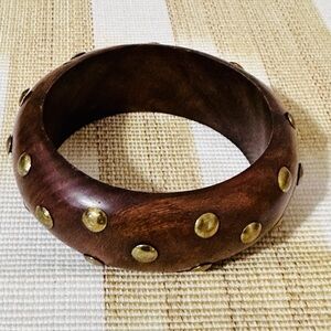 Wooden Bangle Bracelet with Brass Studs - Rich Brown